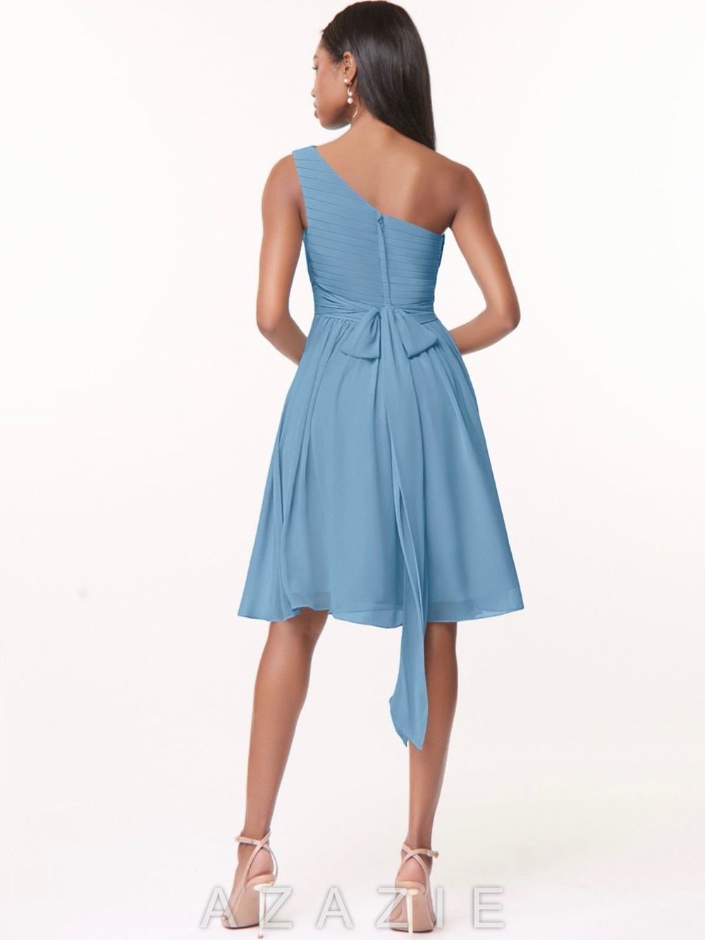 Azazie Katrina Steel Blue A-Line One Shoulder Chiffon Dress - Picture 2 of 8